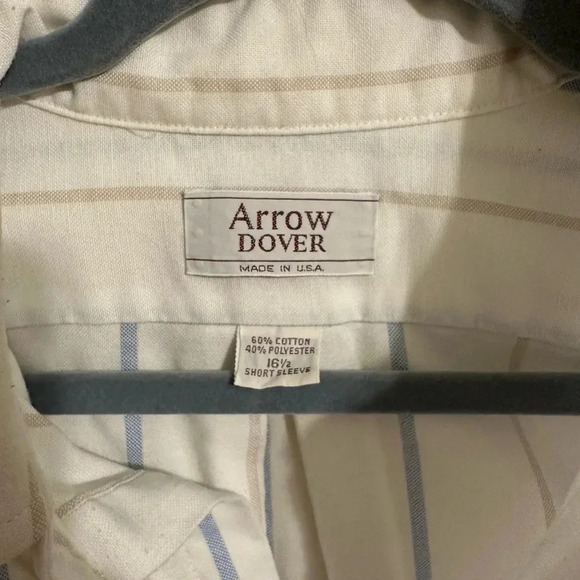 Men’s Arrow Dover White, Tan And Blue Striped With Pocket Button Down Shirt 16.5 - Picture 2 of 11